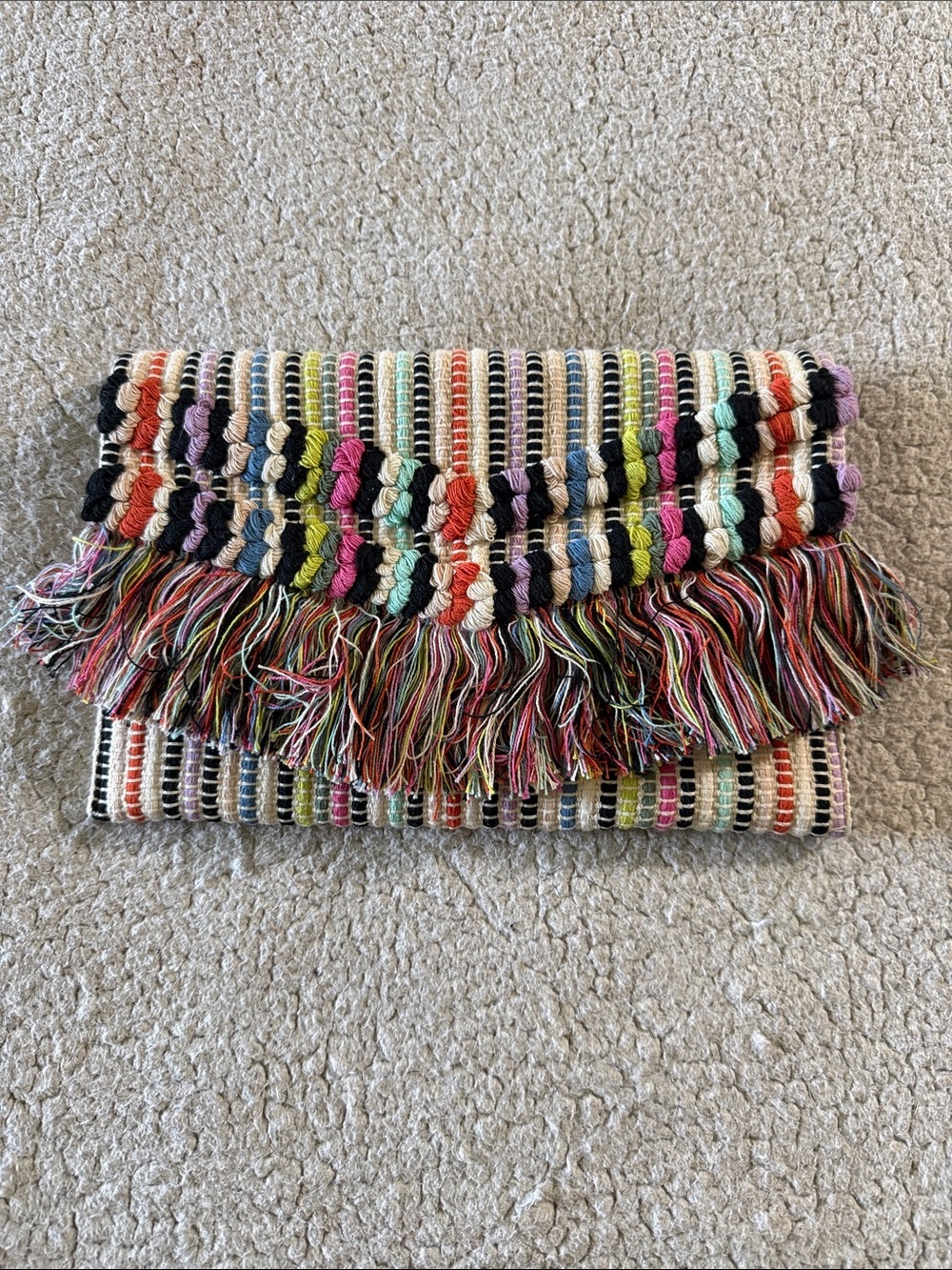 Stella & Dot by Anthropologie Multicolor Striped Fringe Woven Clutch NWOT